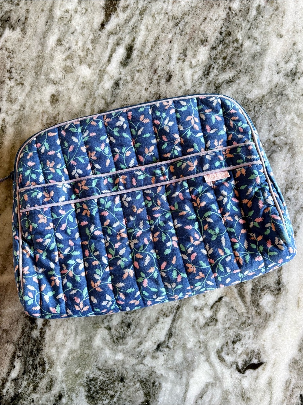 totes—Vintage Blue/Pink Floral Leaf Cosmetic Bag Case, Waterproof Vinyl Interior